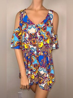 Boutique Paisley Cold Shoulder Tunic Top Women’s L Boho Floral Blue Yellow Flowy